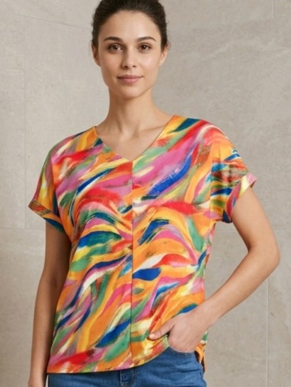 NWT | LARGE | Vibrant Abstract Watercolor V-Neck Short Sleeve Top